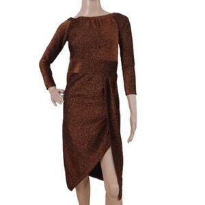 ShopExile Metallic Gold Brown Y2K Party High Slit Shimmer Faux Wrap Sheath Dress